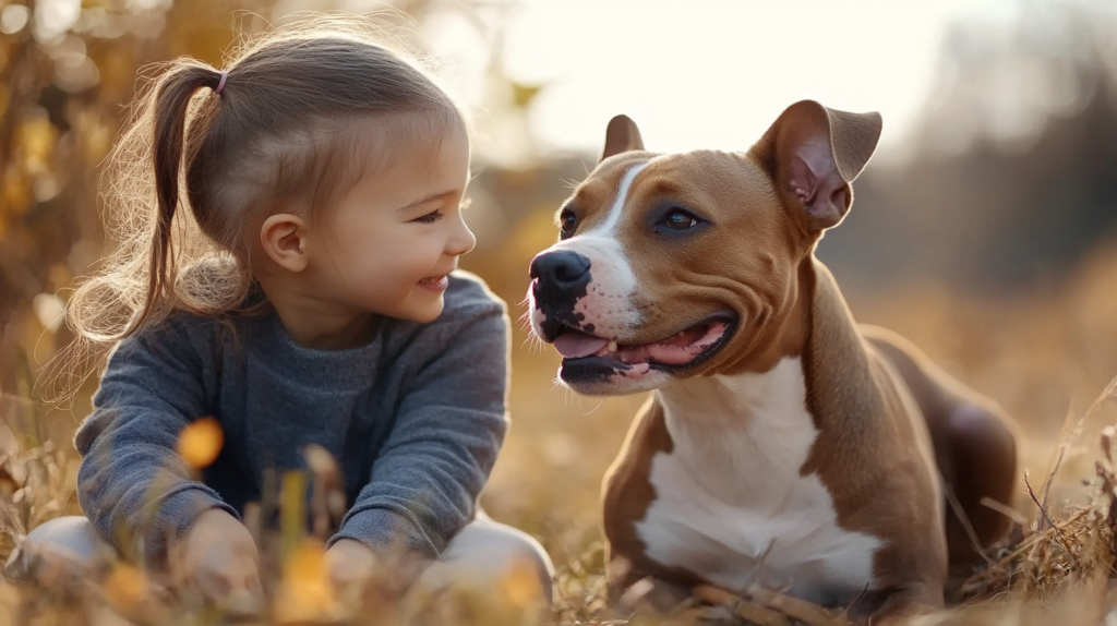 AmStaff playing with children demonstrating friendly and patient nature