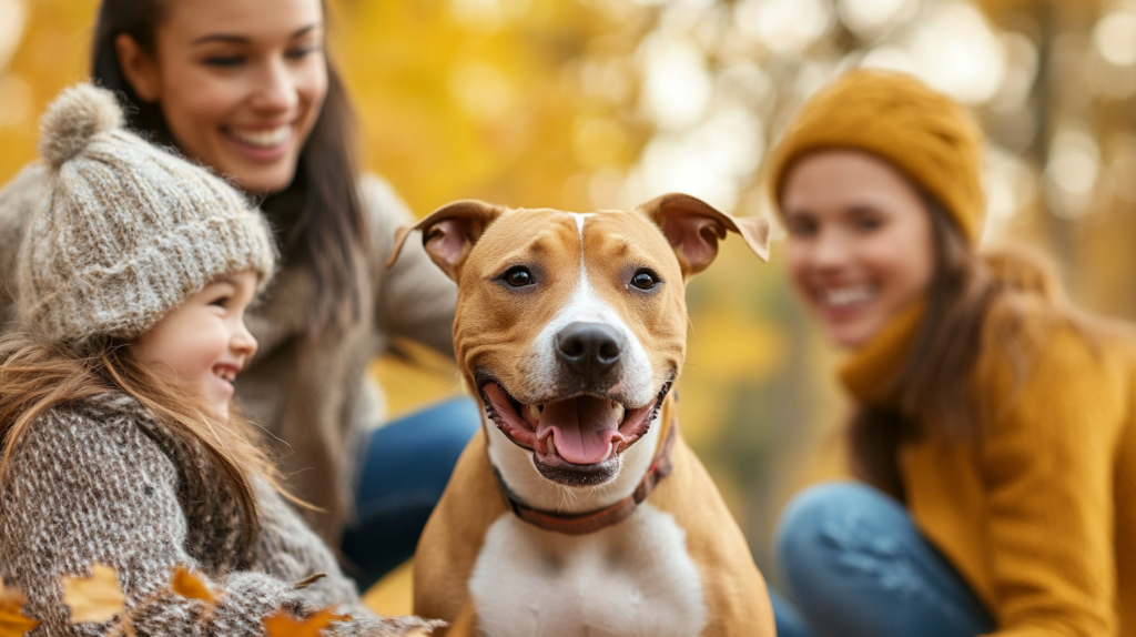 American Staffordshire Terrier displaying gentle temperament while playing with family members