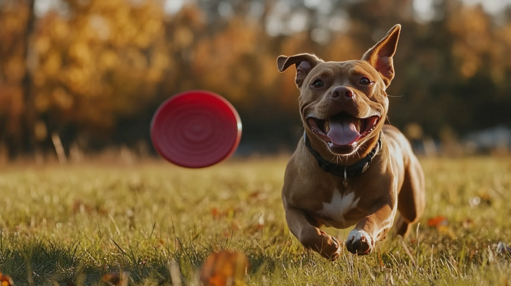 Healthy weight AmStaff exercising showing proper body condition