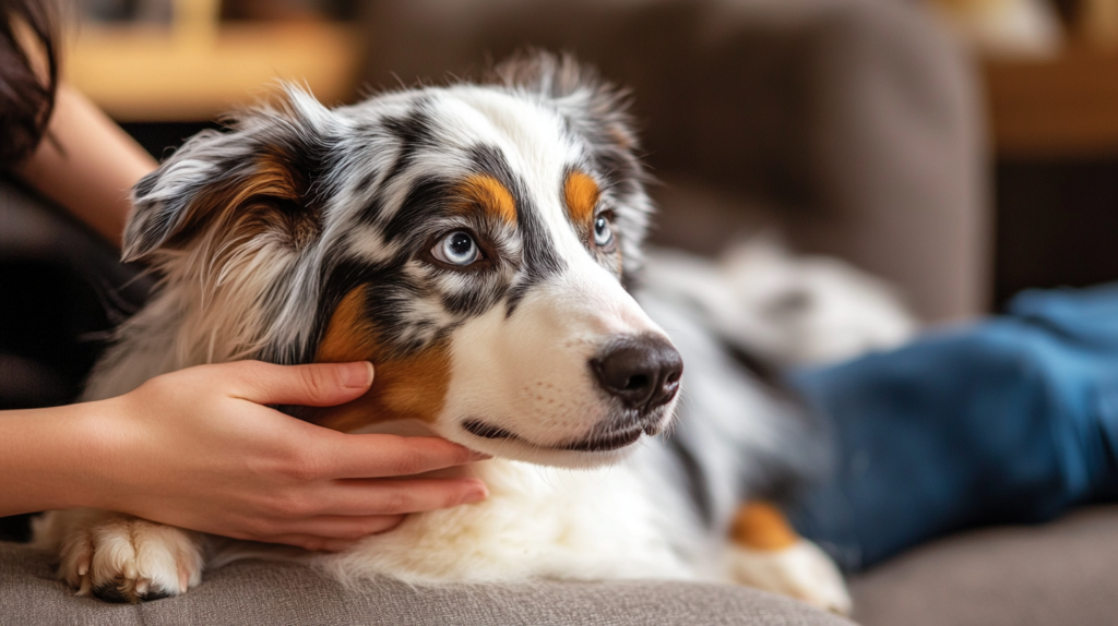 Australian Shepherd displaying calm behavior during anxiety management training session