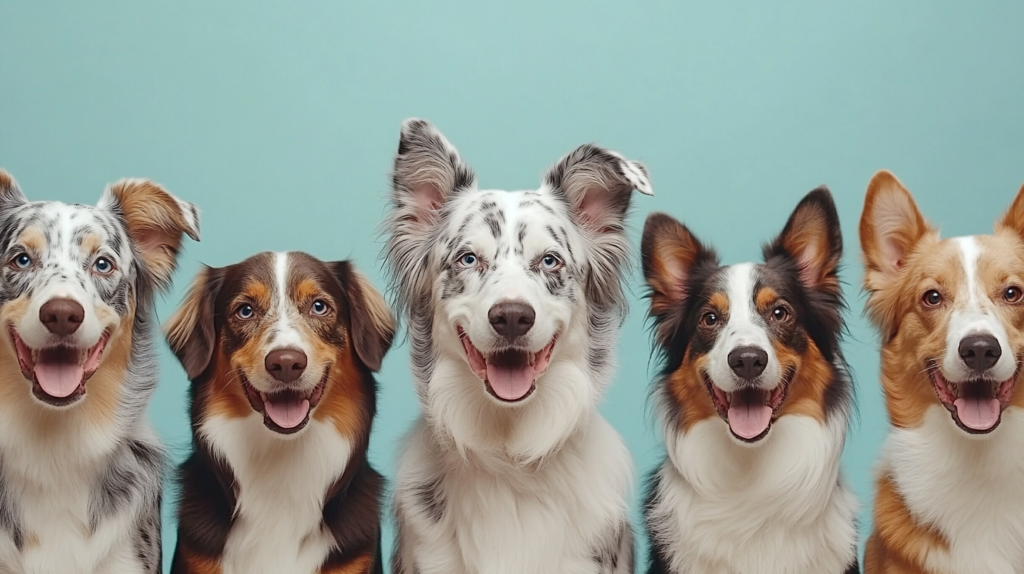 Various Australian Shepherd coat colors including blue merle and red merle