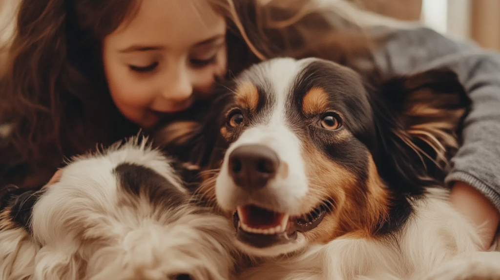 Australian Shepherd interacting with family showing loyal and gentle temperament