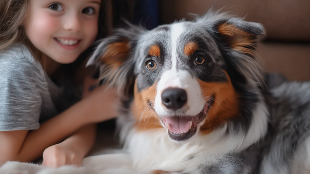 Australian Shepherd showing gentle temperament while playing with family members