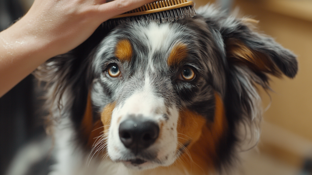 Owner brushing Australian Shepherd's double coat during weekly grooming session