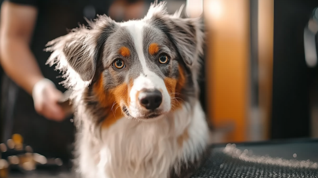 Australian Shepherd during grooming session showing double coat maintenance