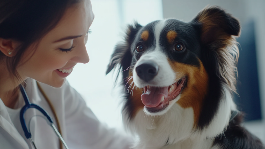 Veterinarian examining Australian Shepherd during routine health check