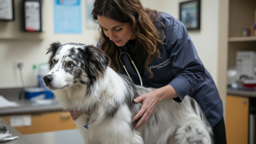 Veterinarian examining Australian Shepherd for signs of hip dysplasia