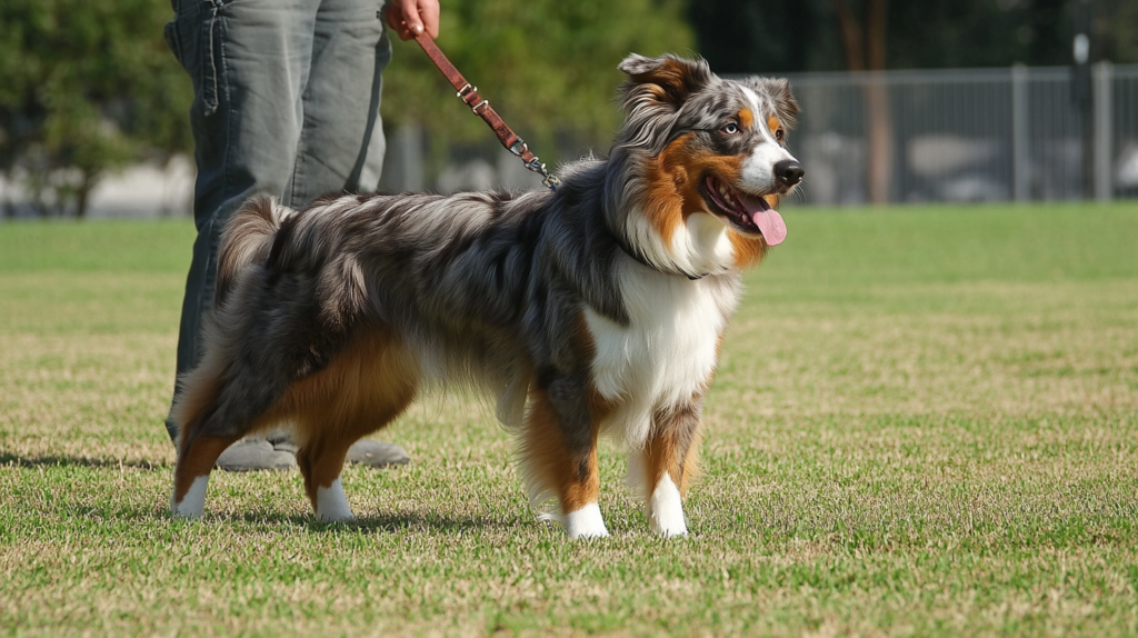 Owner demonstrating proper leash training techniques with Australian Shepherd