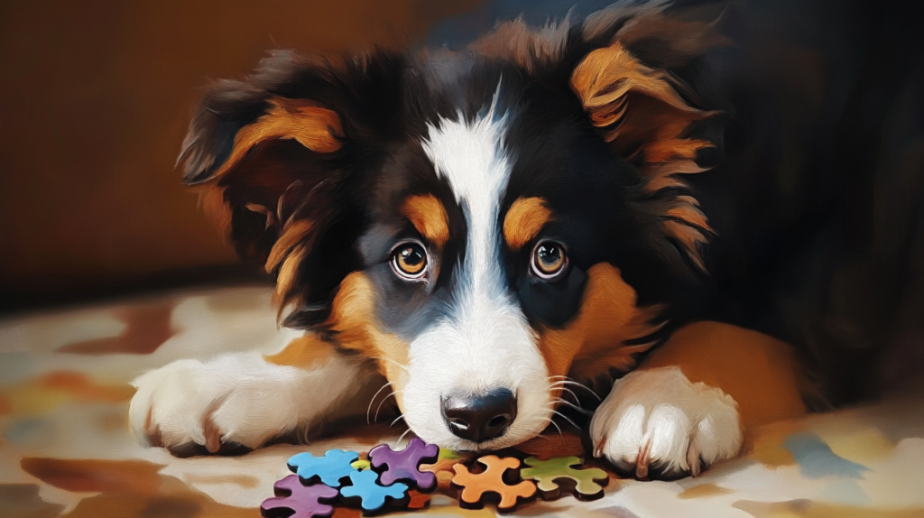 Australian Shepherd engaged in puzzle toys showing high intelligence