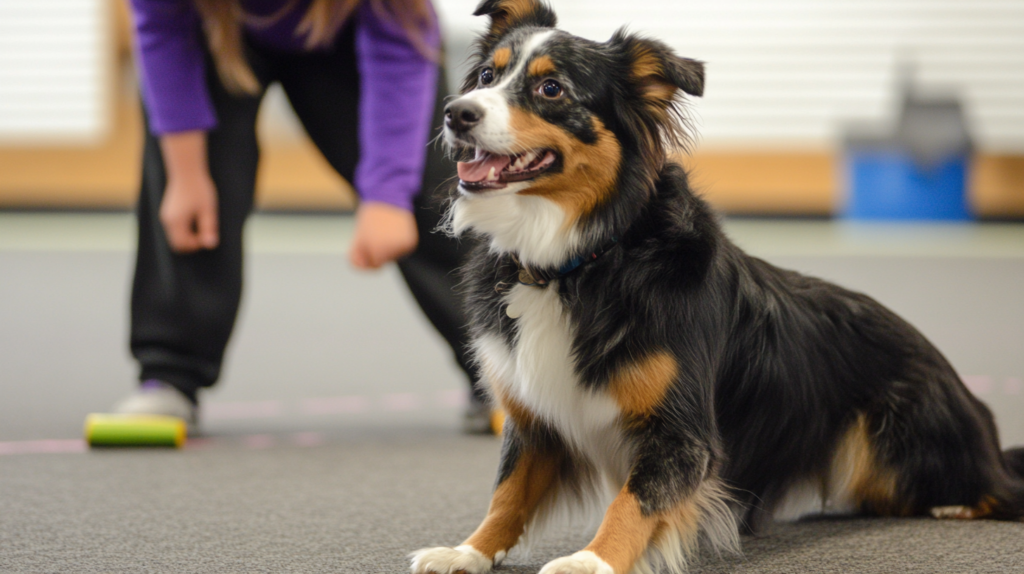 Australian Shepherd participating in structured obedience class with trainer