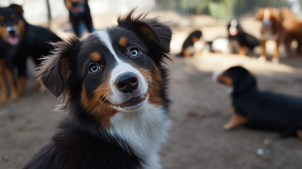 Young Australian Shepherd puppy meeting other dogs during early socialization