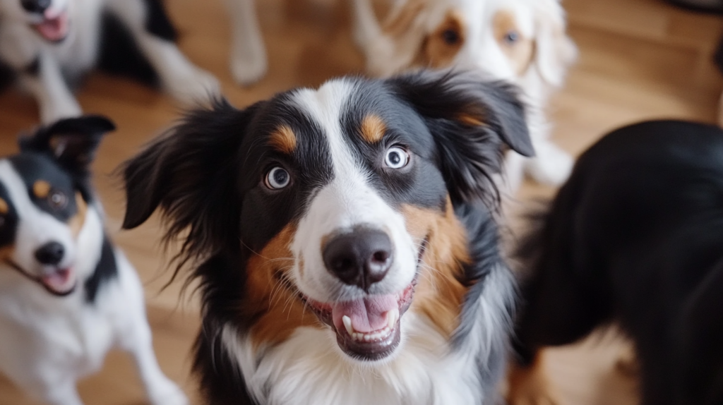 Australian Shepherd interacting positively with other dogs during socialization