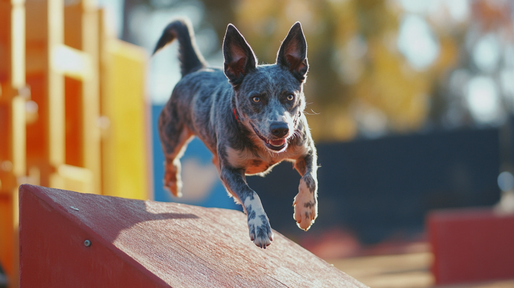 Blue Heeler participating in agility course showing athletic ability