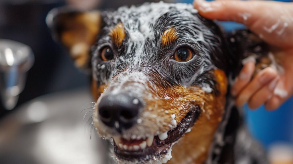 Blue Heeler receiving monthly bath using breed-specific shampoo for coat maintenance