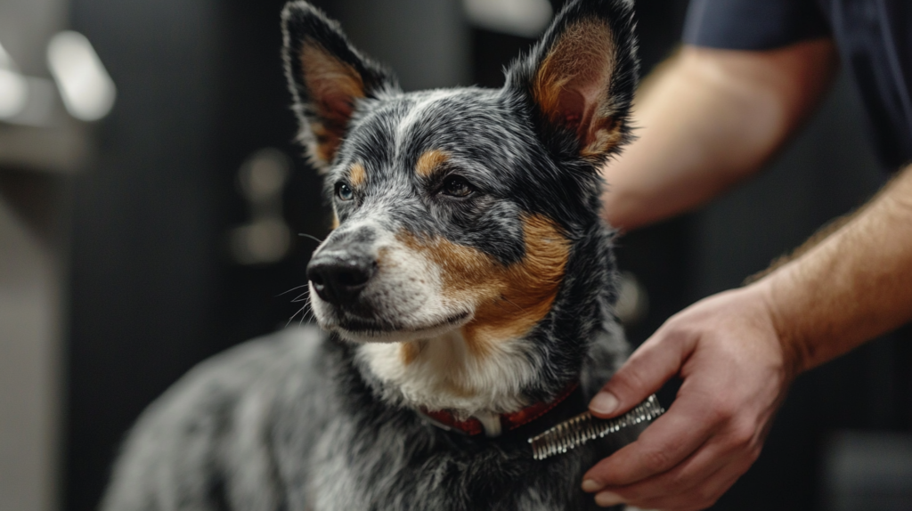 Professional groomer demonstrating proper brushing technique for Blue Heeler double coat