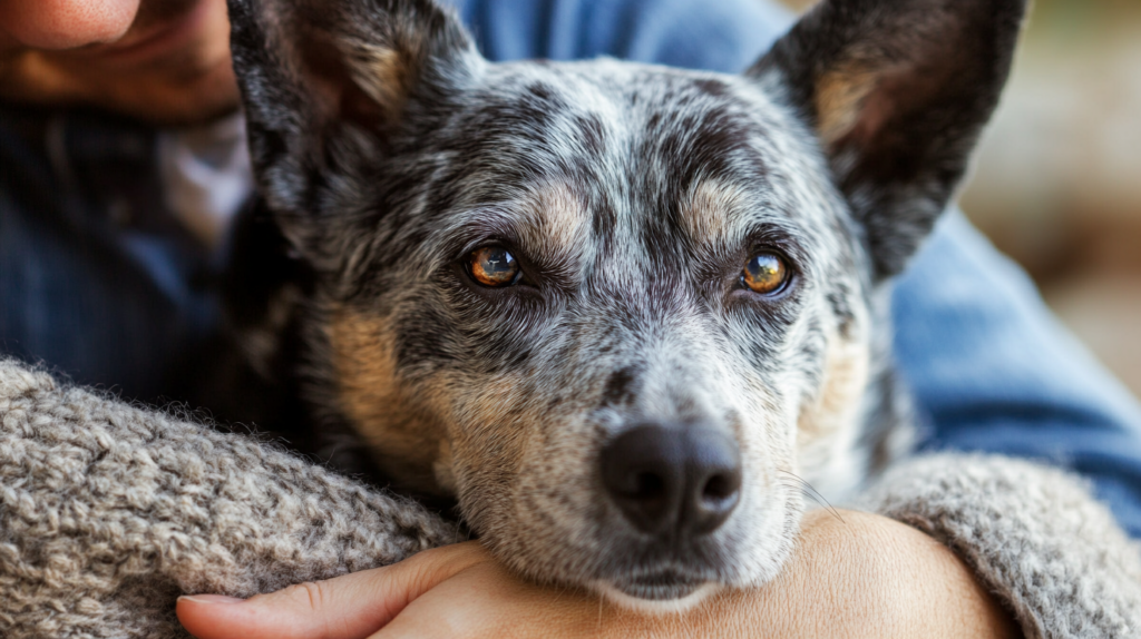 Blue Heeler showing affection and loyalty with family members at home