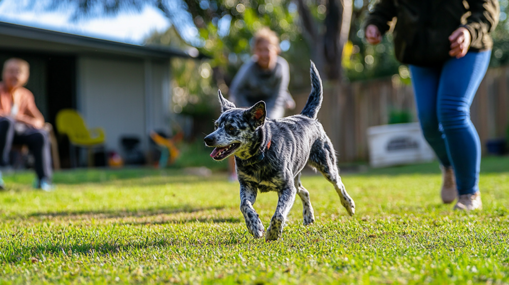 Family members participating in Blue Heeler training session at home