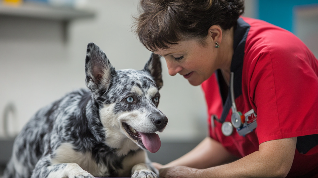 Veterinarian checking Blue Heeler's weight during health assessment