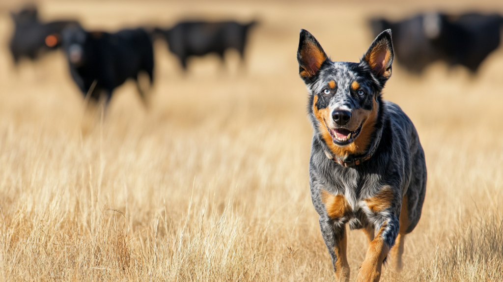 Blue Heeler actively herding cattle in Australian outback showing working