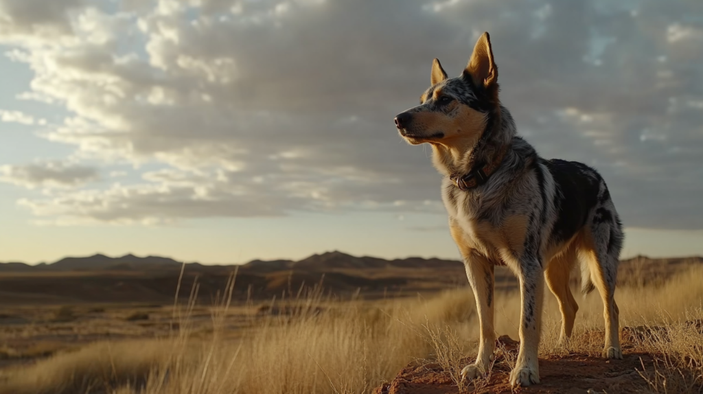 Australian Cattle Dog standing alert in rugged outback setting showcasing working heritage