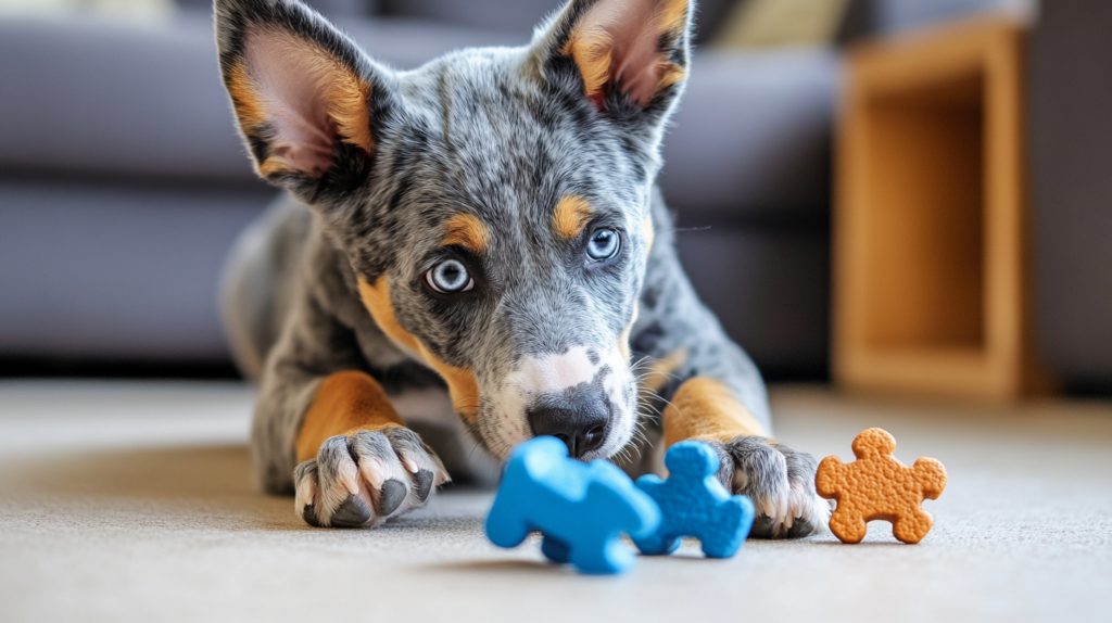 Blue Heeler engaging with puzzle toys for mental stimulation and exercise