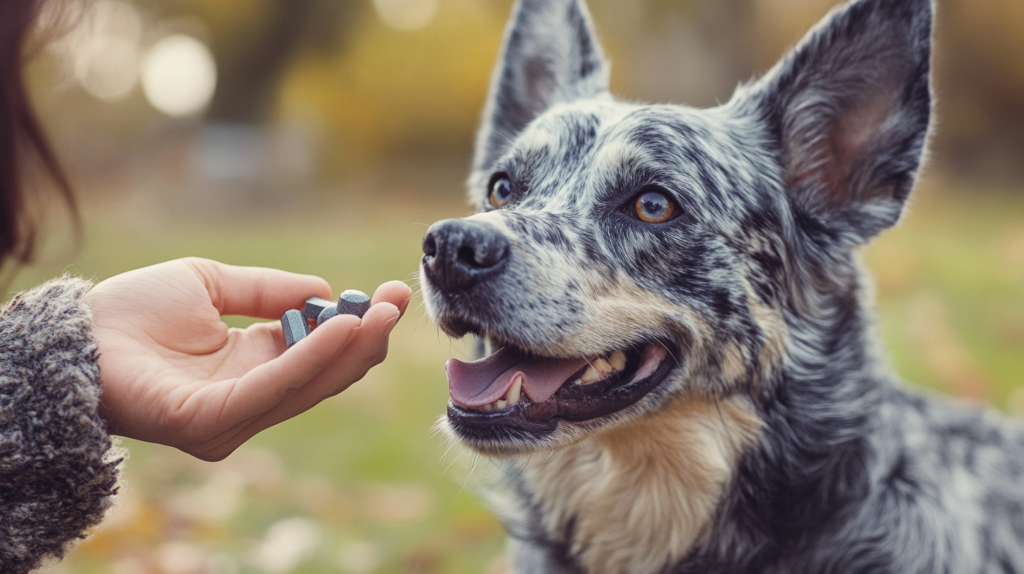 Blue Heeler receiving joint supplements and care for healthy mobility