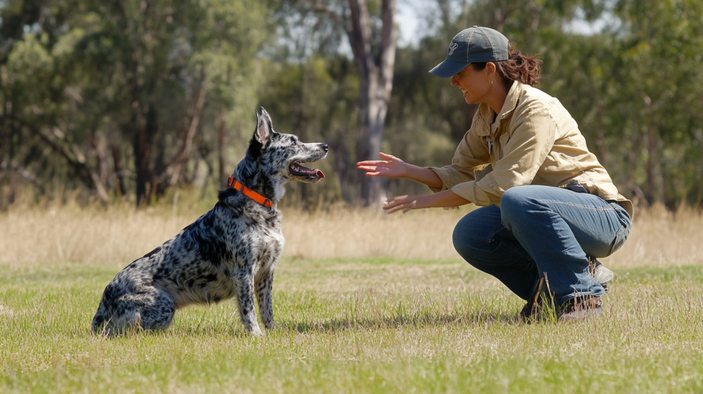 Queensland Heeler demonstrating basic obedience commands with trainer