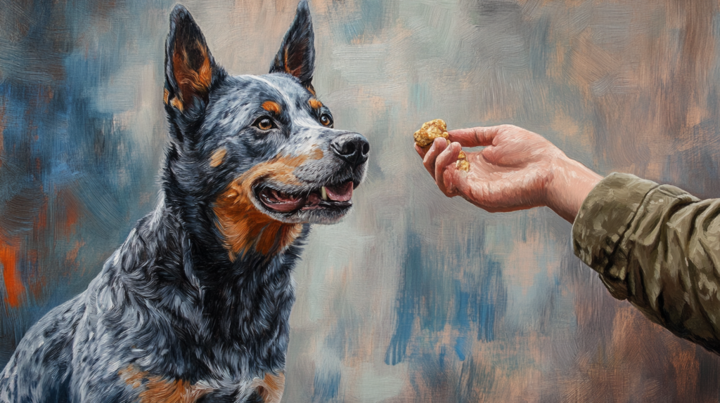 Trainer rewarding Blue Heeler with treats during positive reinforcement training