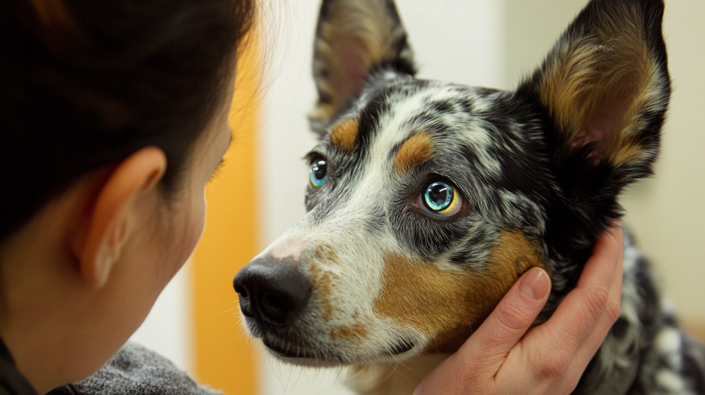 Veterinary ophthalmologist conducting eye examination on Blue Heeler for PRA detection