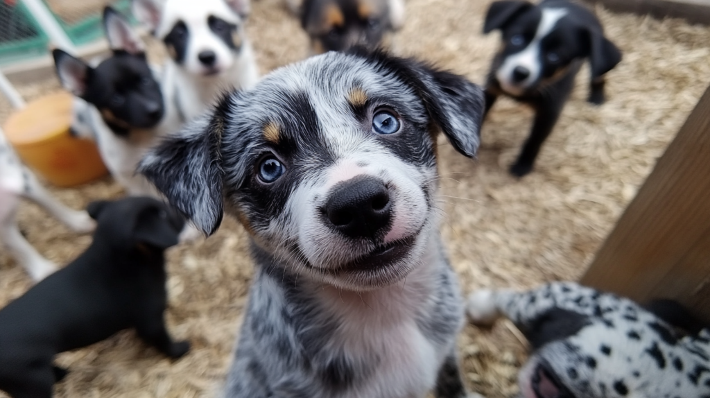  Blue Heeler puppy interacting positively with other dogs during socialization class