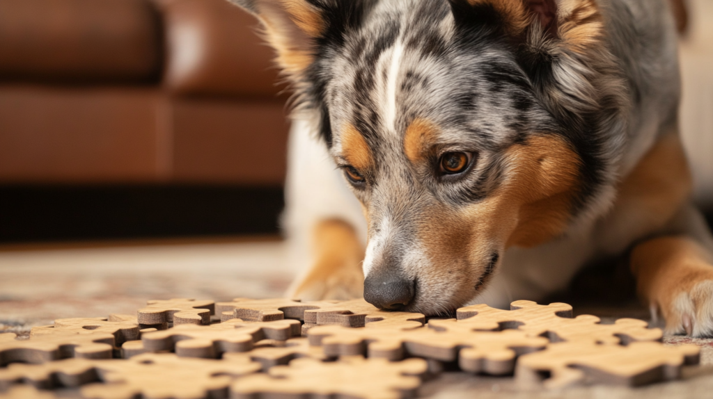 Australian Cattle Dog solving interactive puzzle toy during mental enrichment session