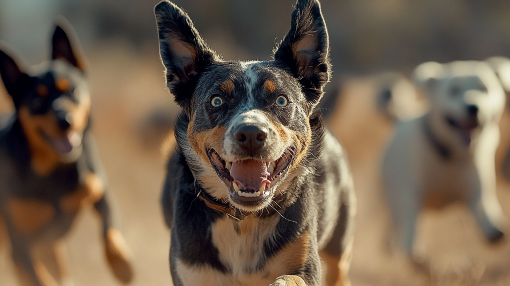 Blue Heeler playing with other dogs during supervised exercise session