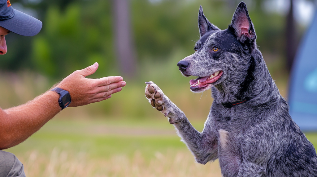 Australian Cattle Dog demonstrating obedience training with professional trainer outdoors