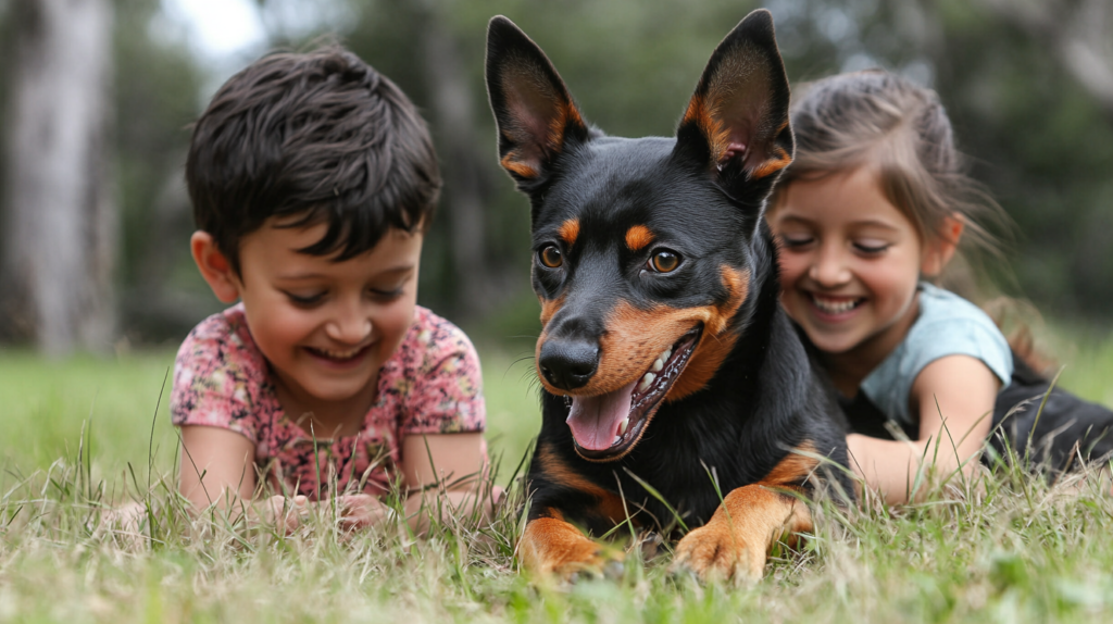 Kelpie dog showing gentle temperament while playing with young children