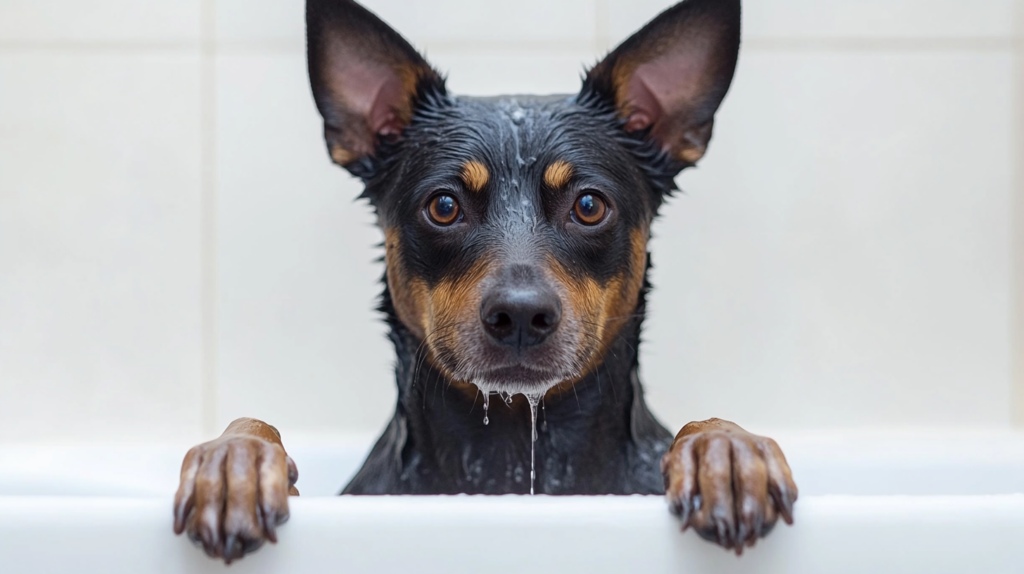 Australian Kelpie receiving daily care including grooming, exercise, and feeding routine