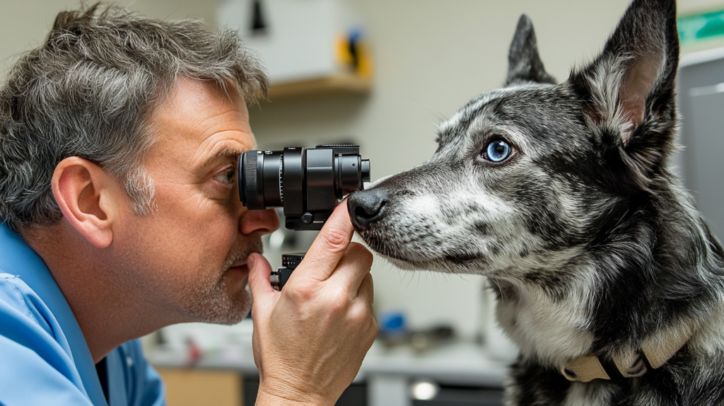 Veterinary ophthalmologist examining Australian Kelpie for progressive retinal atrophy