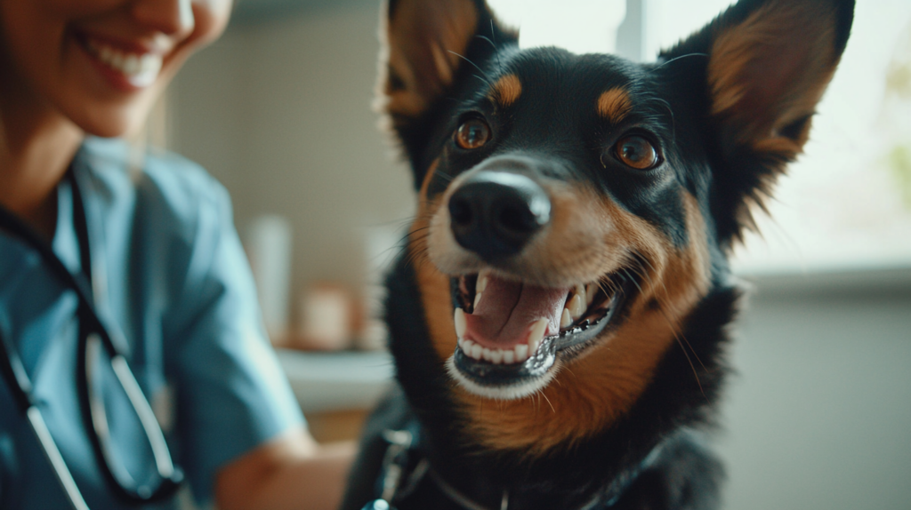 Veterinarian performing health check on Australian Kelpie during routine examination