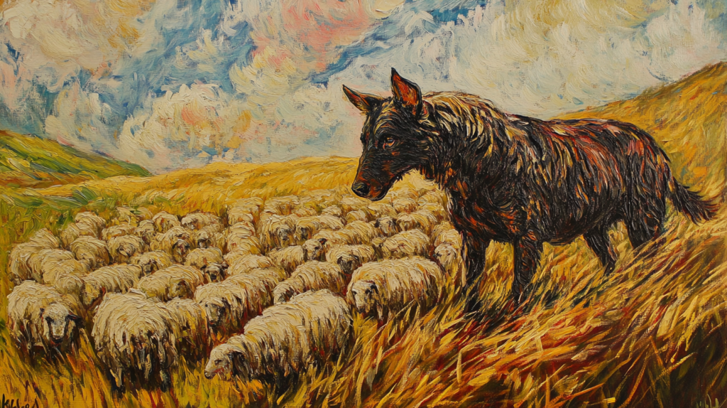 Kelpie demonstrating natural herding behavior with sheep in pasture