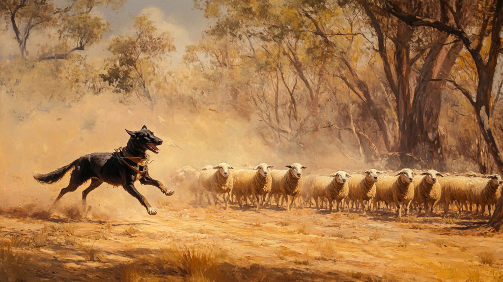 Early Australian Kelpie working with sheep in 1800s Australian outback setting