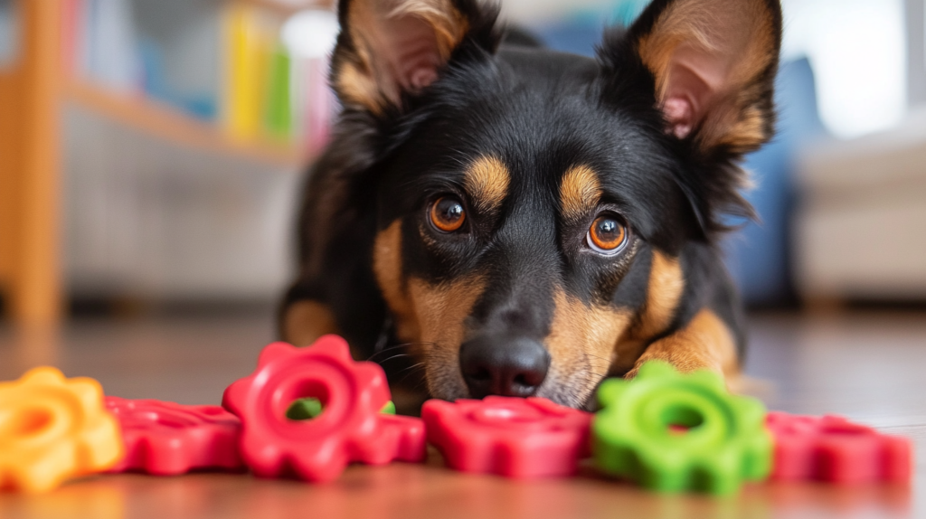 Kelpie solving puzzle toys during mental enrichment activities