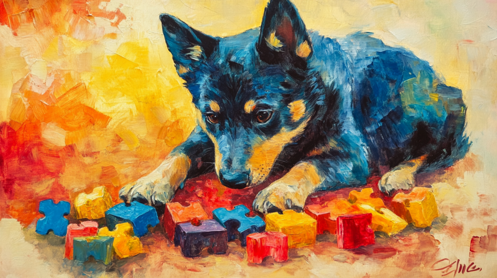 Australian Kelpie engaging with puzzle toys for mental stimulation training