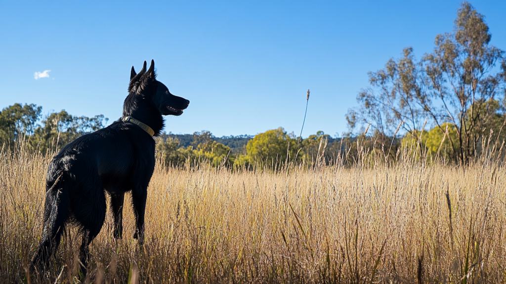 Kelpie displaying alert protective behavior while watching over property