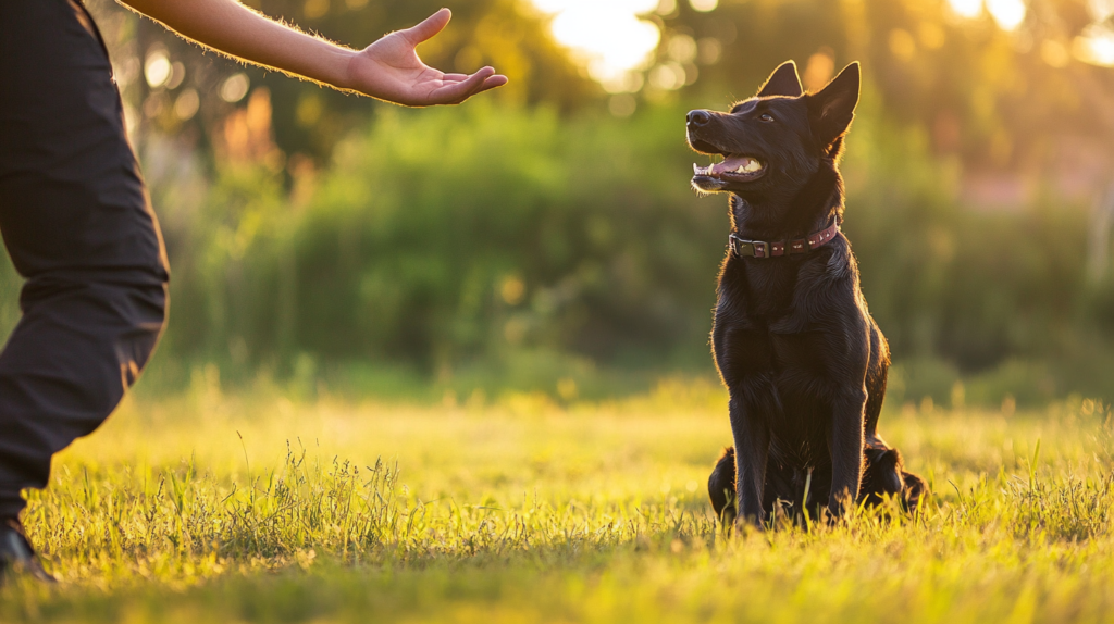 Australian Kelpie practicing recall commands in outdoor training environment