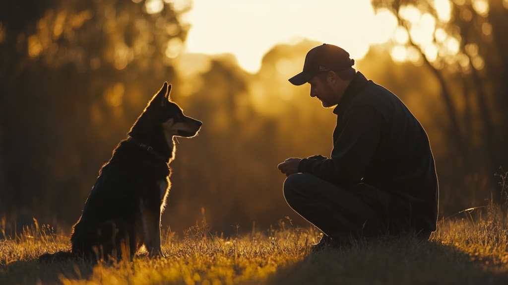 Owner training Australian Kelpie using positive reinforcement techniques