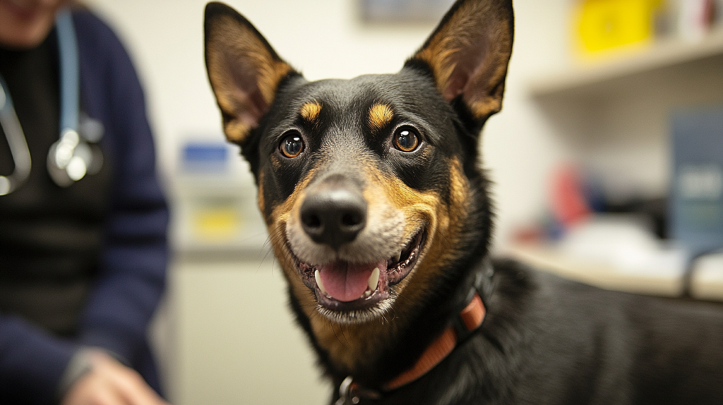 Young Australian Kelpie receiving routine vaccinations at veterinary clinic