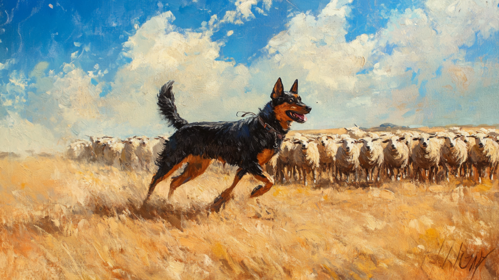 Australian Kelpie performing traditional sheep herding duties in outback setting