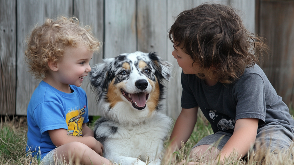 Australian Shepherd showing gentle temperament while playing with young children