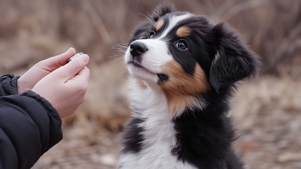 Trainer using clicker training method with Australian Shepherd puppy