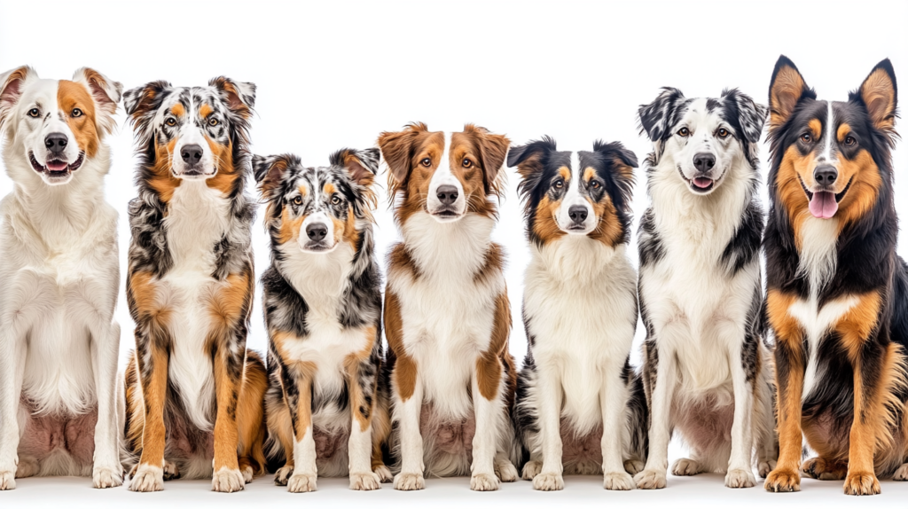 Various Australian Shepherd coat colors including blue merle and red merle