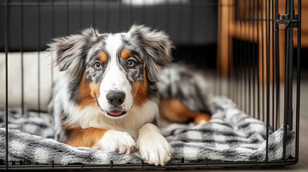 Australian Shepherd learning crate training basics in positive environment